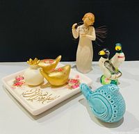 Group shot showing all items: angel, duck shakers, turquoise bird, tray, gold bird, crown container