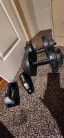 Two dumbbells and push-up bars on carpet
