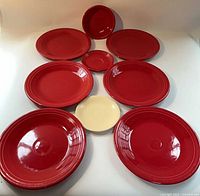 All nine Fiesta pieces laid out showing sizes and colors