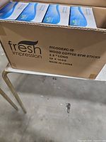 Closed master carton showing product details Fresh Impression wood coffee stir sticks 5.5" 10 x 1000