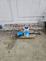 Overall lot with ladder, shovels, ice melt and markers on pallet