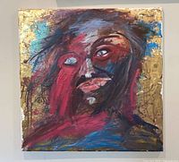 Full view of square abstract portrait canvas showing colors and composition