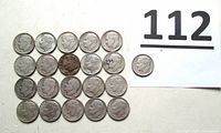 Group shot of 21 Roosevelt dimes with lot number card