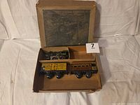 Box open with locomotive and two cars inside