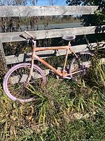 Full view of purple bicycle leaning on wooden fence, showing overall condition and decorative paint