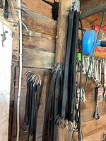 Multiple lengths of black rubber straps with S-hooks hanging on wall