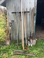 Group view of long-handled tools leaning against shed including shovels, fork, rakes, hoe; serrated rake in foreground