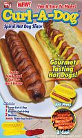Front of Curl-A-Dog retail box showing spiral hot dog slicer kit contents