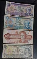 Fronts of $10, $5, $2, $1 Canadian notes stacked