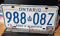 Ontario 988-08Z 1973 plate blue on white
