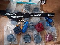 Group of keychains on Tupperware lanyard with several sealed in bags