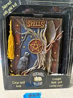 Front of boxed spell book showing raised design, product information, tassel, tie