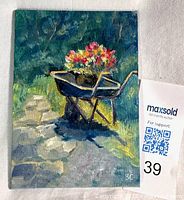 Front view of oil painting showing wheelbarrow with flowers, artist initials at bottom right