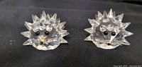 Front view of both Swarovski crystal porcupine figurines showing facial details and quills