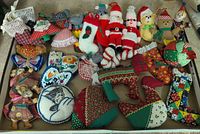 Tray of assorted knit, quilted and embroidered ornaments