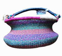 Side view of multicoloured woven basket with handle