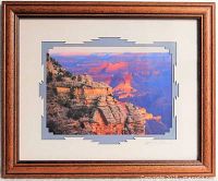 Full view of framed lithograph with mat and wood frame