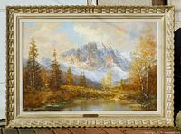 Framed painting front view showing full frame and plaque