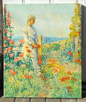 Full view of the unframed oil painting on stretchers showing entire composition and signature