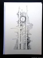 front view of card showing abstract clock-tower winter scene artwork