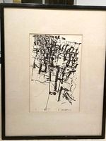 Full view of framed ink drawing with mat and black frame