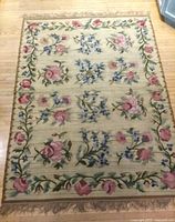 Full view of flat woven kilim rug showing overall pattern and dimensions