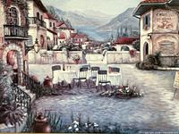 Full view of Mediterranean courtyard café painting