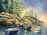 Close view of painting showing sailboats, rocky shore, trees, brushwork