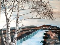 Full view of painting showing birch trees, river, hills, signature area