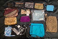 All 14 purses, clutches and pouches laid out on black background