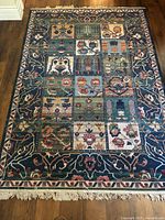 Full rug showing overall design, colours, and both fringed ends