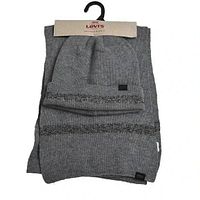 Front view of packaged gray knit beanie and scarf set on Levi's hanger