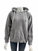 Front view of heather gray Roots hoodie on mannequin