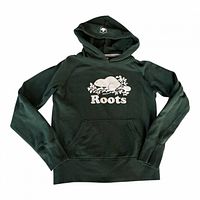 Front view of forest green Roots hoodie showing logo, pocket and overall condition
