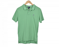 Front view of green Polo Ralph Lauren cotton shirt on hanger