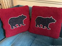 Front view showing bear silhouette on red sherpa fabric, pair of pillows