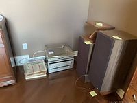 Overall view of turntable, receiver, cassette deck, speakers and record lot