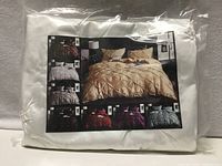 Front of packaged duvet set showing product image and color options