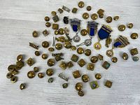 Full spread of assorted brass buttons, badges and collar titles