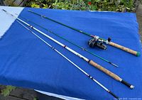 Two fishing rods laid out showing full length, one with reel attached