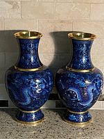 Full view of both matching blue cloisonné vases