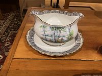 Gravy boat on matching saucer showing pattern and trim