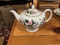 Full view of Wedgwood Hathaway Rose teapot showing pattern and condition