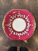 Front view of square scalloped bone china plate showing pattern and colour