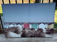 Front view of the canvas print displaying full image of beach huts with dune grass