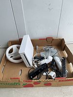 All items in produce box: console, wheel, cables, controllers, sensor bar