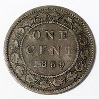 Reverse showing ONE CENT 1859 within beaded circle and maple leaf wreath