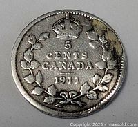 Reverse view showing denomination, crown, maple wreath, date 1911