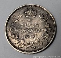 Reverse of 1913 Canadian 5-cent coin showing denomination, wreath and crown