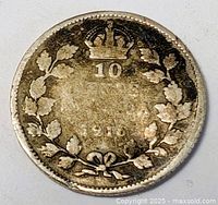 Reverse view with crown, denomination 10 and date 1916 within maple leaf wreath